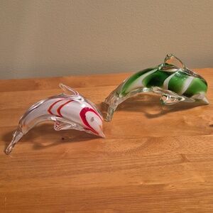 HANDBLOWN Decorative Glass Art Jumping Dolphin Figurines, Set of 2